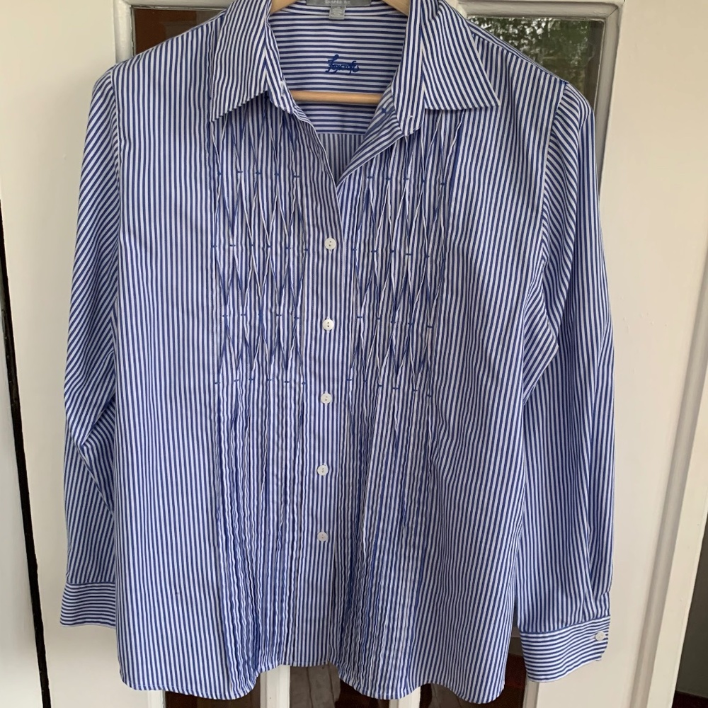 Foxcroft Button Up Tunic (Size 14) Wrinkle Free, Shaped Fit blue/white striped